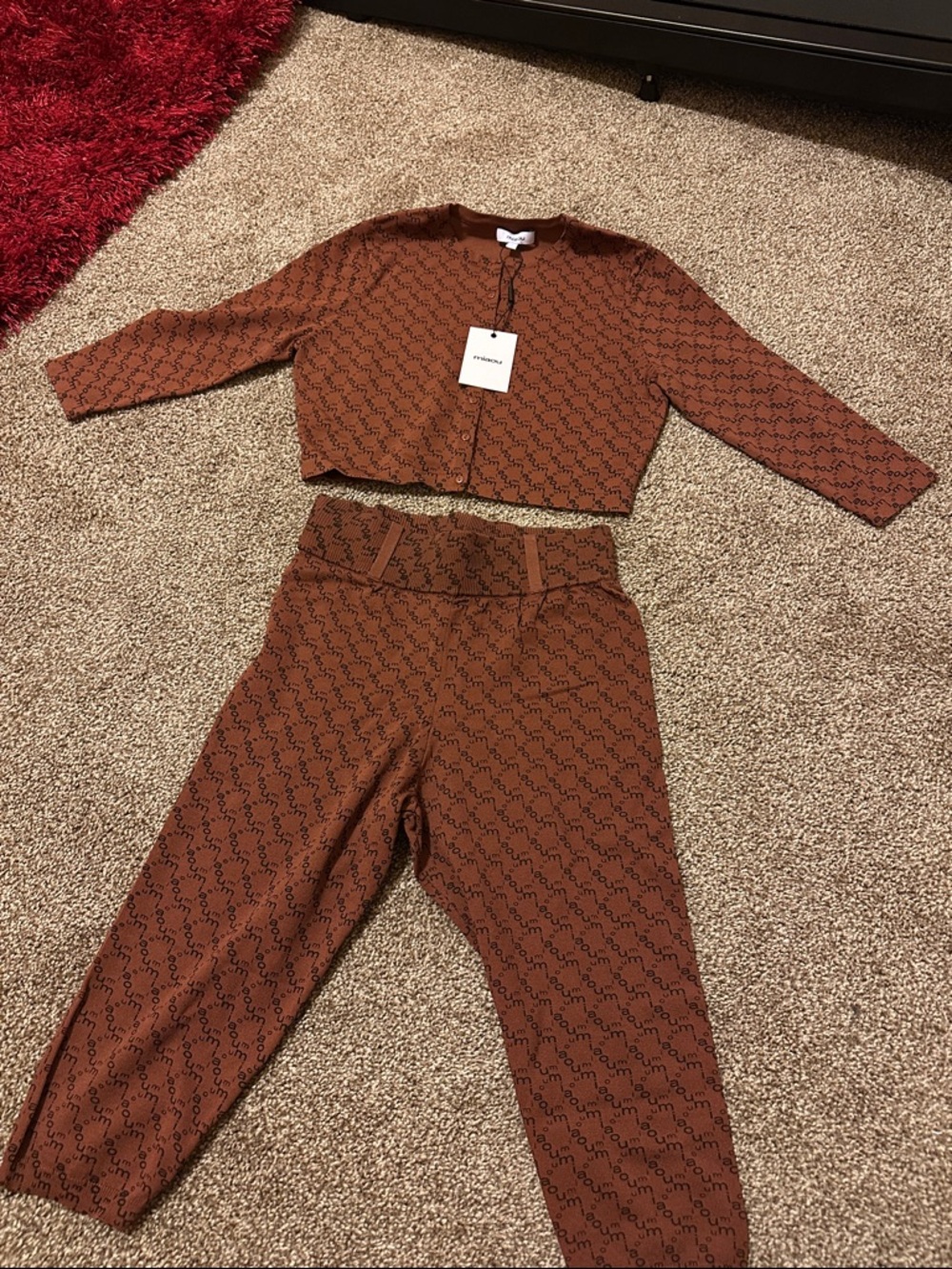 Women's Brown Patterned High-Waist Pants & Cropped Top Set